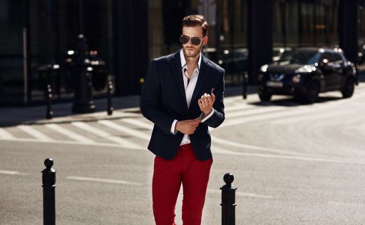 Red pants 2024 blue blazer