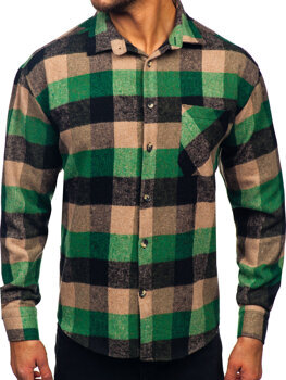 Men’s Checkered Long Sleeve Flannel Shirt Green Bolf 2025-1