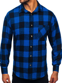 Men’s Checkered Long Sleeve Flannel Shirt Navy Blue Bolf 2025-1