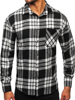 Men’s Checkered Long Sleeve Flannel Shirt White-Black Bolf 2025-3