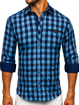 Men's Checkered Long Sleeve Shirt Navy Blue Bolf 19605