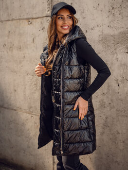 Women's Longline Quilted Gilet with hood Black Bolf 16M9117A