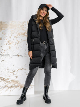 Women's Longline Quilted Gilet with hood Black Bolf 81261A1