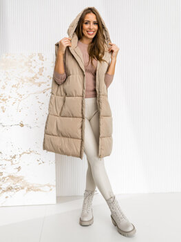 Women's Longline Quilted Gilet with hood oversize Beige Bolf 81266A1
