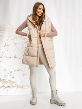 Women's Longline Quilted Gilet with hood oversize Light Beige Bolf 81266A1