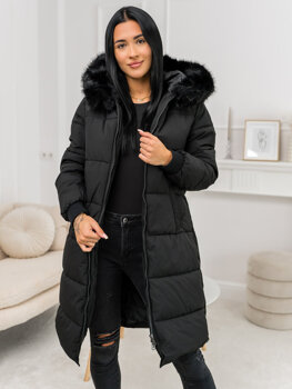 Women’s Longline Quilted Winter Jacket with hood Black Bolf 11Z8082