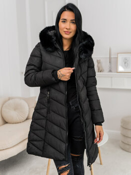 Women’s Longline Quilted Winter Jacket with hood Black Bolf 16M9195