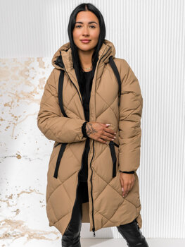 Women’s Longline Quilted Winter Jacket with hood Brown Bolf 5M3168