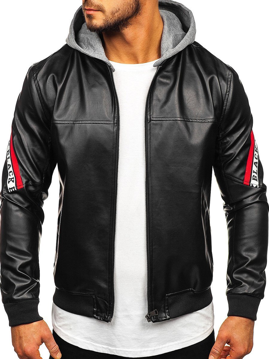 Men's Hooded Leather Jacket Black-Red 