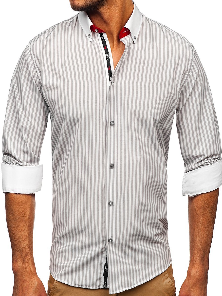 Men's Striped Long Sleeve Shirt Grey Bolf 20727