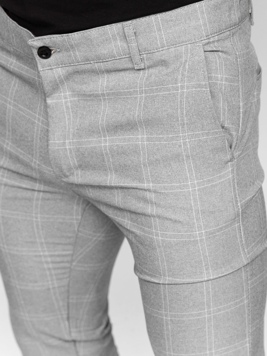 Grey Plaid Slim Fit Pants With Detachable Chain