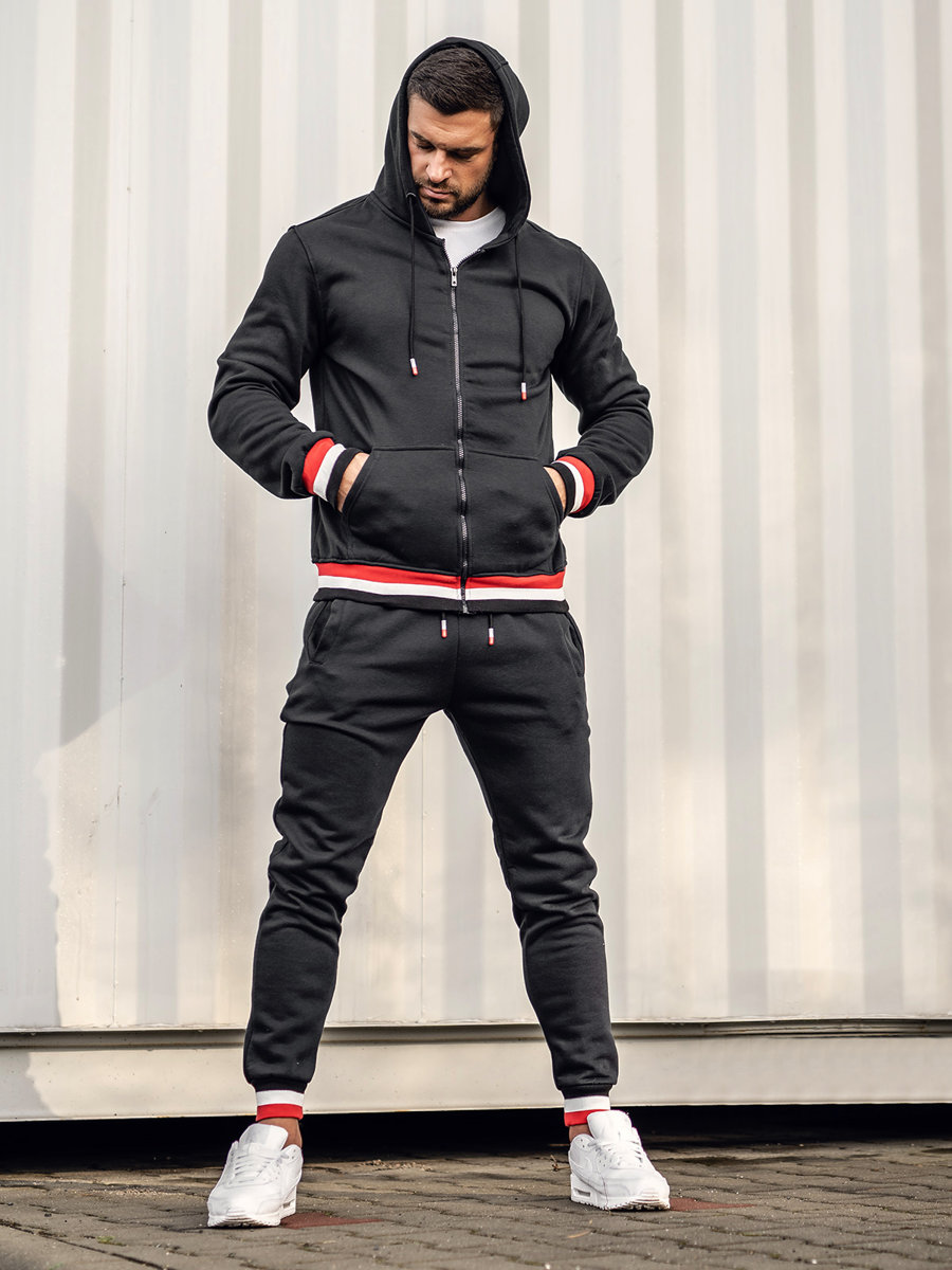 Men's Velour Tracksuit with Hood Black Bolf 3A82