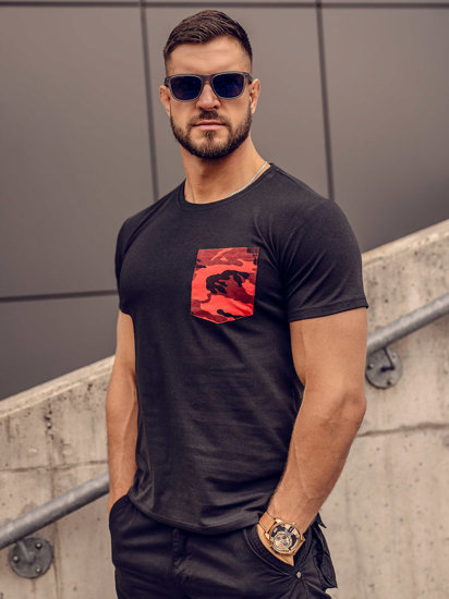 Men's Camo Printed T-shirt with Pocket Black-Red Bolf 8T85A