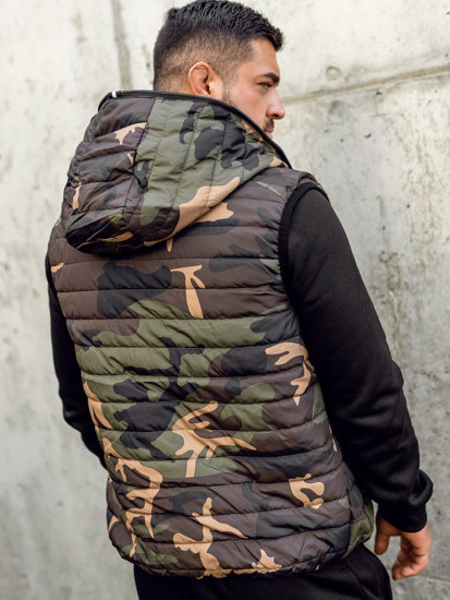 Men's Camo Quilted Gilet with hood Khaki Bolf 7106A