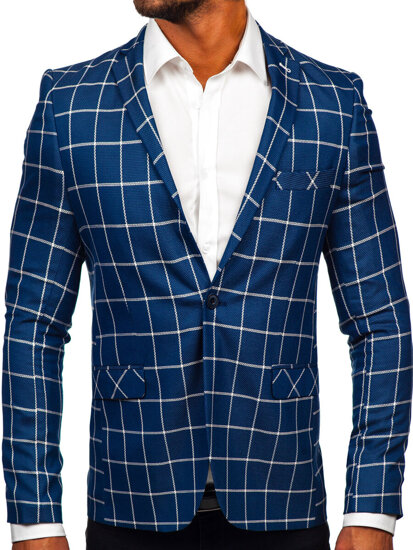 Men's Casual Checkered Blazer Blue Bolf 003