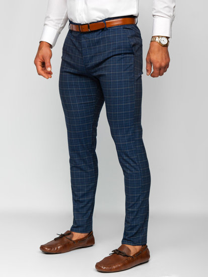 Men's Checkered Chino Pants Navy Blue Bolf 0035