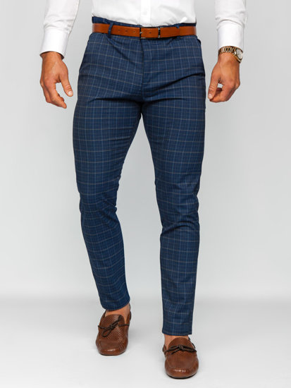 Men's Checkered Chino Pants Navy Blue Bolf 0035