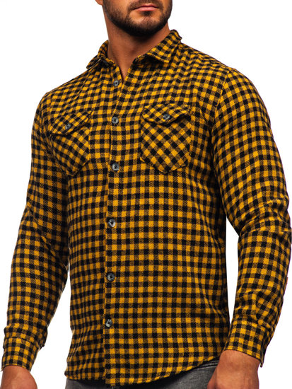 Men's Checkered Long Sleeve Flannel Shirt Camel Bolf 22701