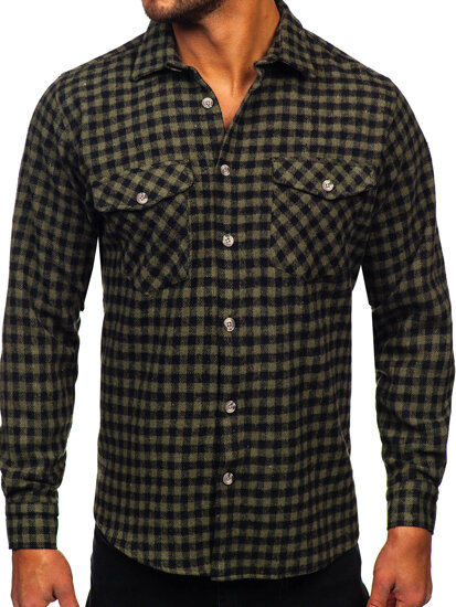 Men's Checkered Long Sleeve Flannel Shirt Green Bolf 22701