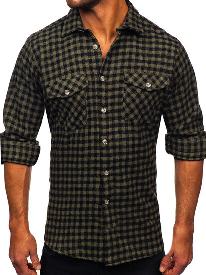 Men's Checkered Long Sleeve Flannel Shirt Green Bolf 22701