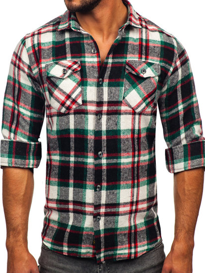 Men's Checkered Long Sleeve Flannel Shirt Red-Green Bolf 22704