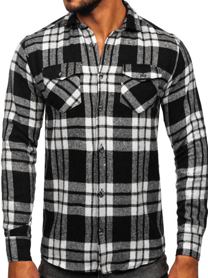 Men's Checkered Long Sleeve Flannel Shirt White-Black Bolf 22702