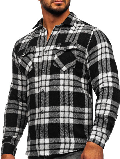 Men's Checkered Long Sleeve Flannel Shirt White-Black Bolf 22702