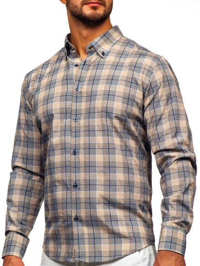 Men's Checkered Long Sleeve Shirt Beige Bolf 22748