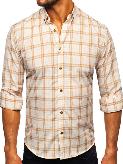 Men's Checkered Long Sleeve Shirt Beige Bolf 22749