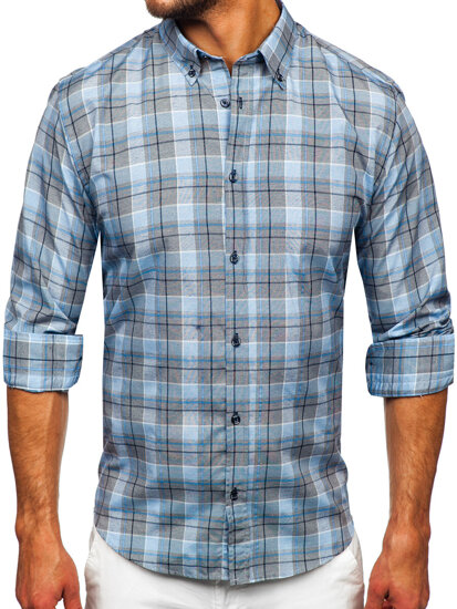 Men's Checkered Long Sleeve Shirt Blue Bolf 22748