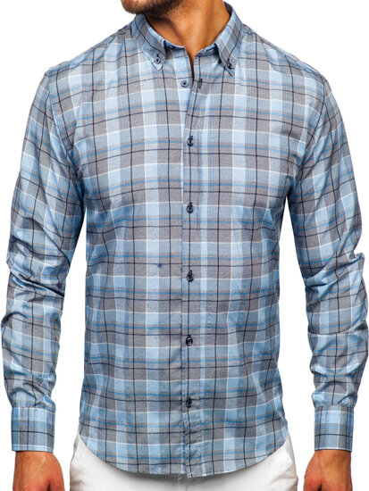 Men's Checkered Long Sleeve Shirt Blue Bolf 22748