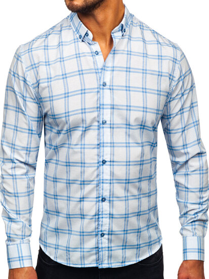 Men's Checkered Long Sleeve Shirt Blue Bolf 22749