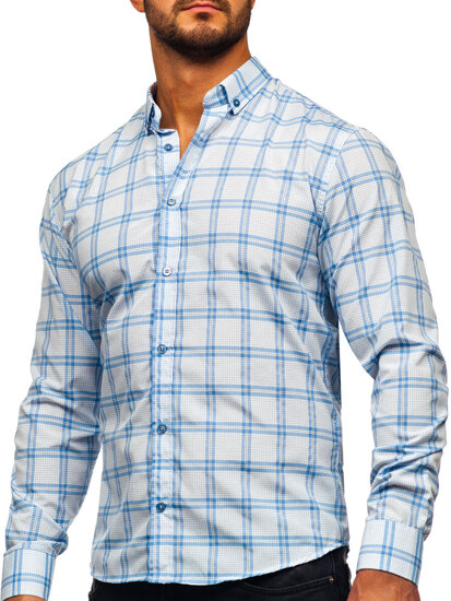 Men's Checkered Long Sleeve Shirt Blue Bolf 22749