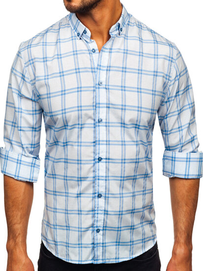 Men's Checkered Long Sleeve Shirt Blue Bolf 22749