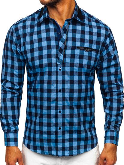 Men's Checkered Long Sleeve Shirt Navy Blue Bolf 19605