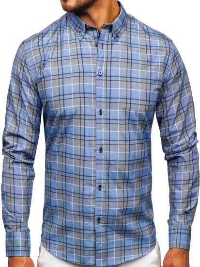 Men's Checkered Long Sleeve Shirt Navy Blue Bolf 22748