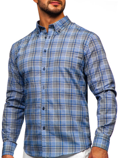 Men's Checkered Long Sleeve Shirt Navy Blue Bolf 22748