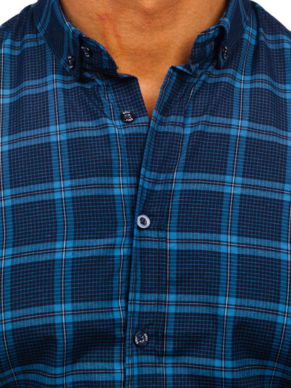 Men's Checkered Long Sleeve Shirt Navy Blue Bolf 22749