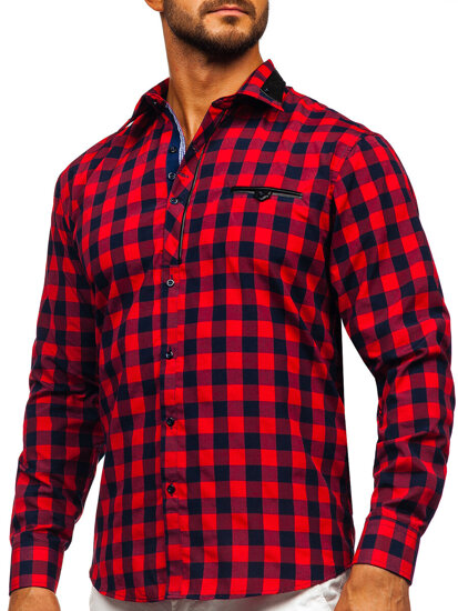 Men's Checkered Long Sleeve Shirt Red Bolf 19605