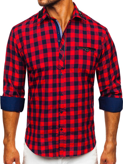 Men's Checkered Long Sleeve Shirt Red Bolf 19605