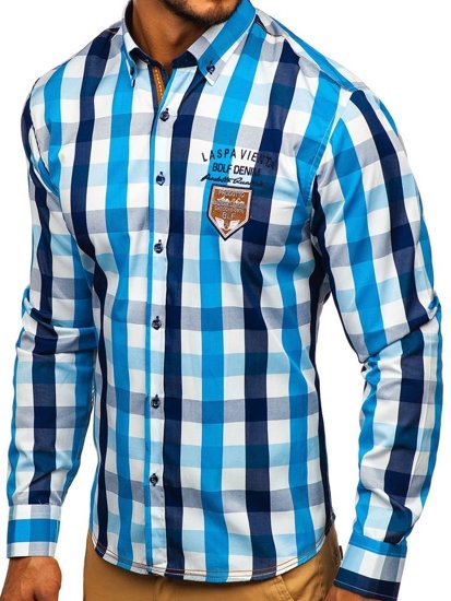 Men's Checkered Long Sleeve Shirt Sky Blue Bolf 1766-1