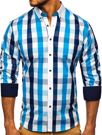 Men's Checkered Long Sleeve Shirt Turquoise Bolf 9718