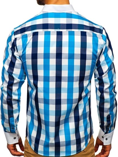 Men's Checkered Long Sleeve Shirt Turquoise Bolf 9718