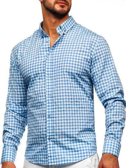 Men's Checkered Long Sleeve Vichy Shirt Blue Bolf 22747