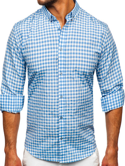 Men's Checkered Long Sleeve Vichy Shirt Blue Bolf 22747