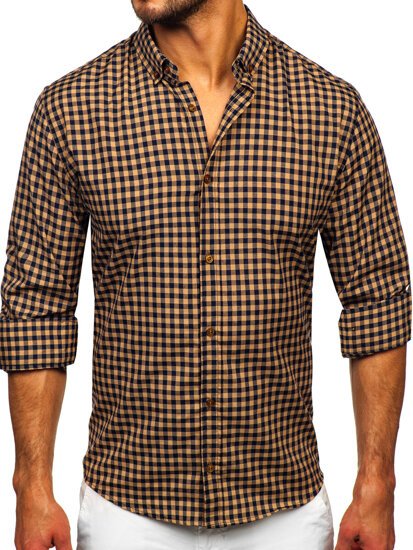 Men's Checkered Long Sleeve Vichy Shirt Brown Bolf 22747