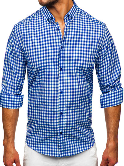 Men's Checkered Long Sleeve Vichy Shirt Navy Blue Bolf 22747