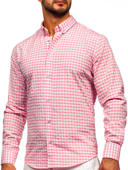 Men's Checkered Long Sleeve Vichy Shirt Pink Bolf 22747