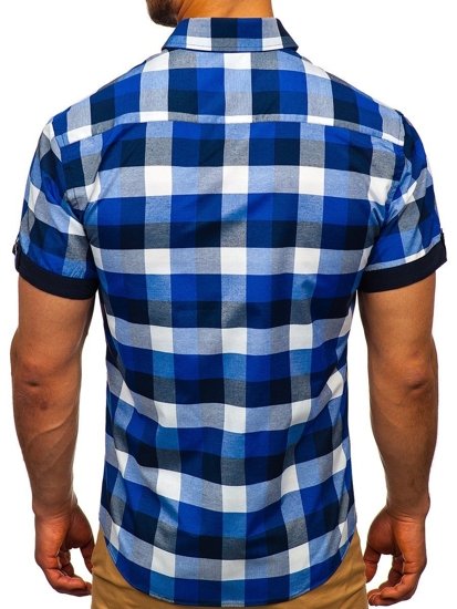 Men's Checkered Short Sleeve Shirt Navy Blue Bolf 5532