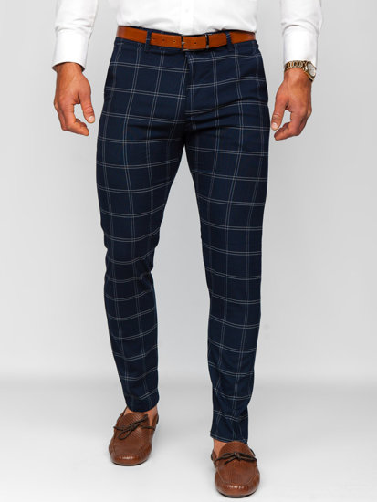 Men's Cotton Checkered Chinos Navy Blue Bolf 0036